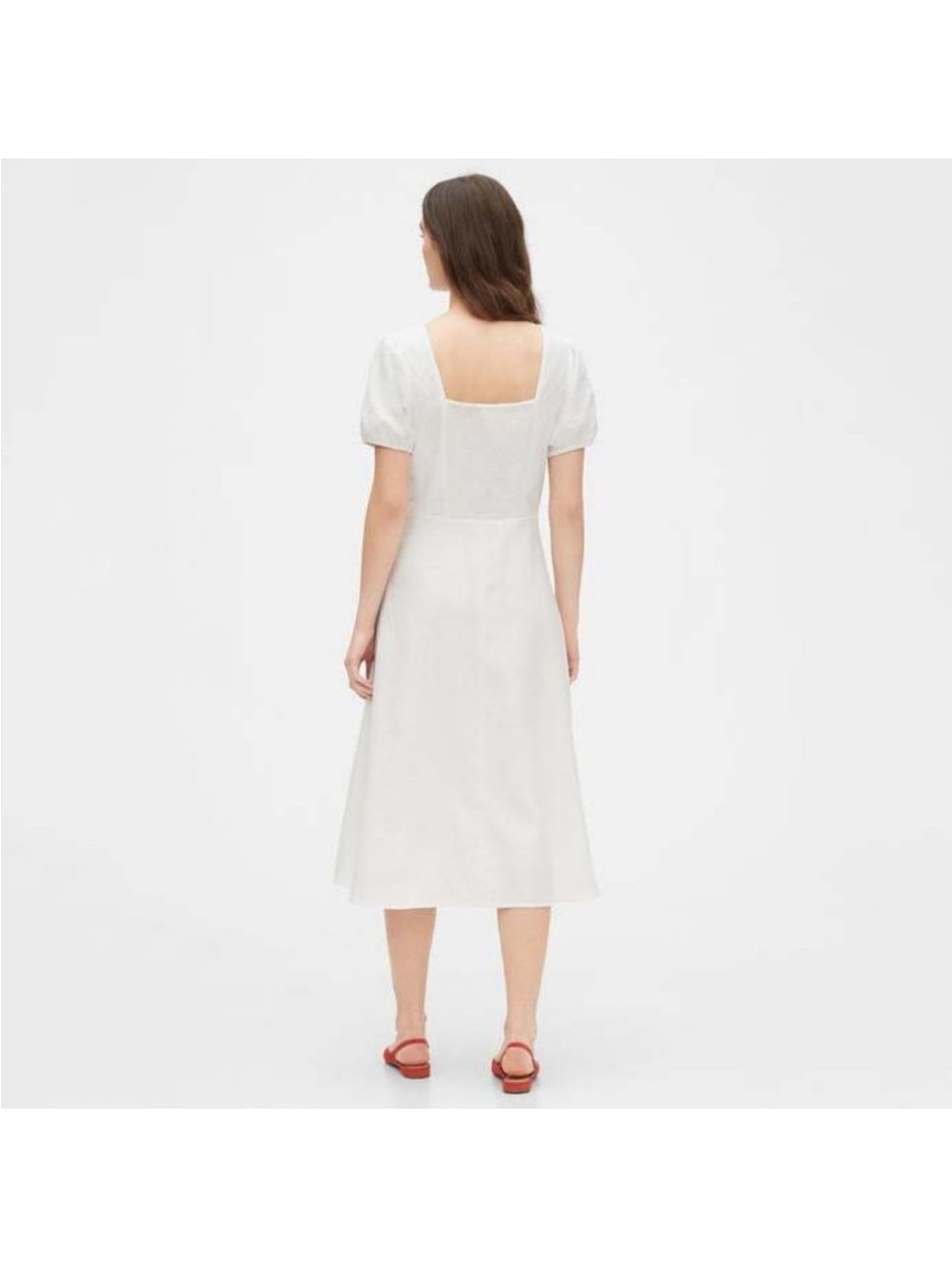 Gap White Linen V-Neck Puff Sleeve Midi Dress - Size 6 - Summer Boho Cottage - Picture 5 of 9